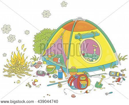 Summer Camp With Burning Campfire And Spooky Mess After A Funny Party On Summer Vacation, Vector Car
