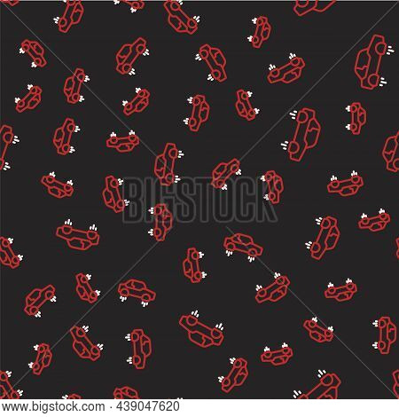 Line Fantastic Flying Car Icon Isolated Seamless Pattern On Black Background. Hover Car Future Techn