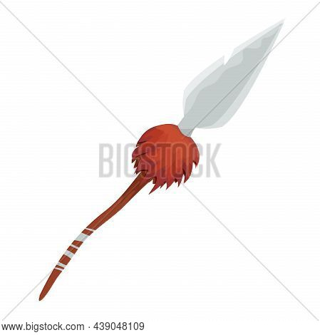 Primitive African Spear, Traditional Weapon With Decorations In Cartoon Style Isolated On White Back
