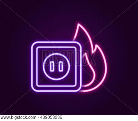 Glowing Neon Line Electric Wiring Of Socket In Fire Icon Isolated On Black Background. Electrical Sa