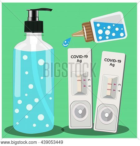 Illustration Of Covid Testing Equipment, Atk Test Set With A Nasal Swab. Reagent And Virus In The Ba