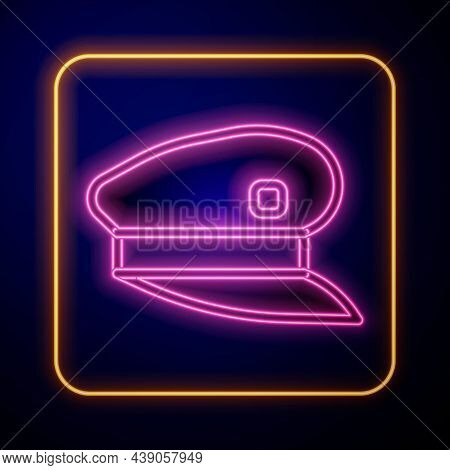 Glowing Neon Train Driver Hat Icon Isolated On Black Background. Vector