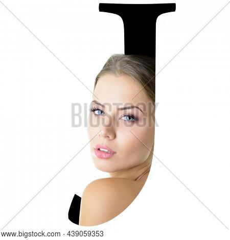 Letter J, concept alphabet design with beauty portrait of young attractive woman's face. Conceptual fashion fount