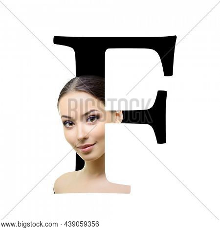 Letter F, concept alphabet design with beauty portrait of young attractive woman's face. Conceptual fashion fount