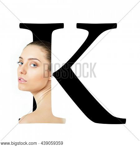 Letter K, concept alphabet design with beauty portrait of young attractive woman's face. Conceptual fashion fount
