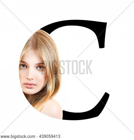 Letter C, concept alphabet design with beauty portrait of young attractive woman's face. Conceptual fashion fount