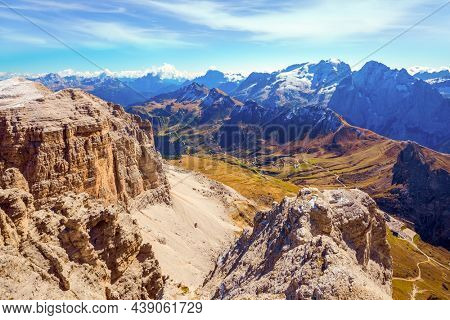 The Dolomites. Alpine road of South Tyrol. Italy - Austria. The Passo-Pordoi pass separates the province of Trento from the province of Belluno. Pordoi is a mountain pass of the Dolomites