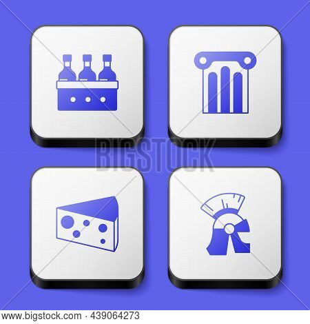 Set Bottles Of Wine, Ancient Column, Cheese And Roman Army Helmet Icon. White Square Button. Vector
