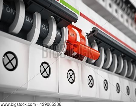 Fuseboxes With Only One In On Position. 3d Illustration.