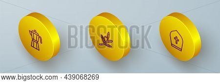 Set Isometric Line Coffee Maker Moca Pot, Olives Branch And Pope Hat Icon. Vector