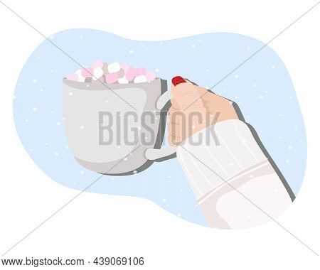 Female Hands In Wool Sweater Holding A Cup Of Coffee With Heart Shape. I Like Coffee Text. Top View.