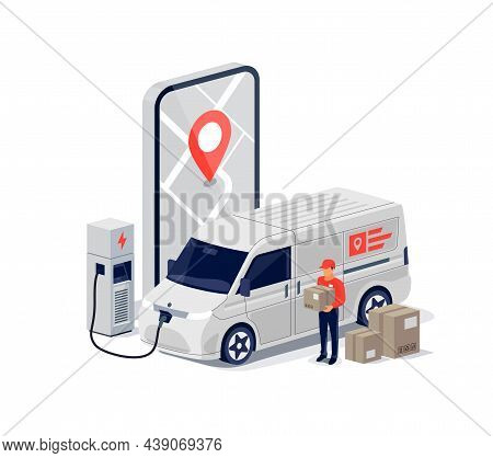 Electric Delivery Van Parcel Service With Man And Smartphone Tracking App