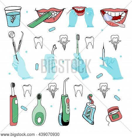 Human Hands Hold A Toothbrush, Dental Floss, Dentist Tools And A Syringe. Flat Illustration Of Hands