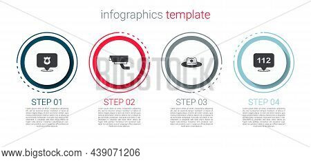 Set Police Badge, Security Camera, Sheriff Hat With And Telephone Call 112. Business Infographic Tem