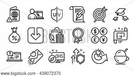 Success, Loan And Bio Shopping Line Icons Set. Secure Shield And Money Currency Exchange. Share Idea