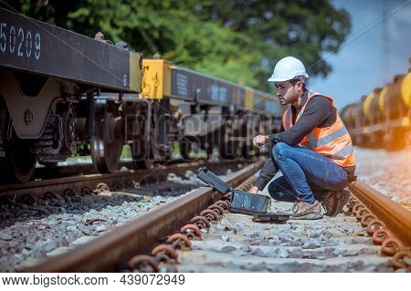 Engineer Railway Under  Checking Construction Process Train Testing And Checking Railway Work On Rai