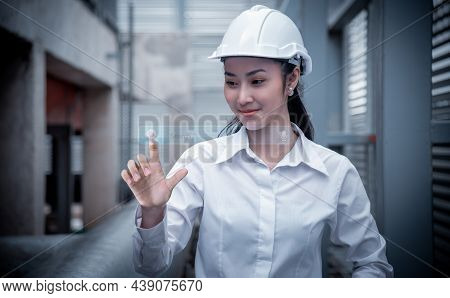 Portrait Smiler Engineer Factory Posing Finger Point On Cloud Icon To Connection In Global Informati