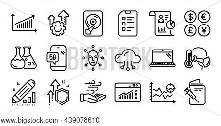 Laptop, Cloud Computing And Seo Gear Line Icons Set. Secure Shield And Money Currency Exchange. Chec