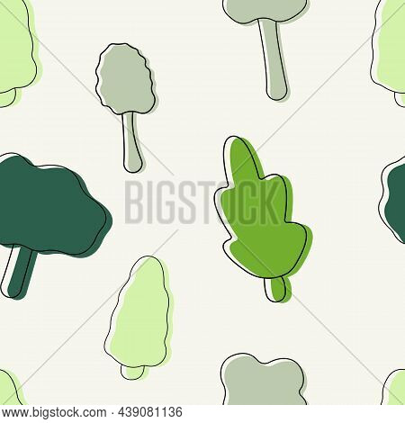 Seamless Pattern With Green Forest Trees. Doodle Style. White Background