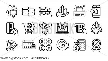 Finance Calculator, Wind Energy And Loyalty Card Line Icons Set. Secure Shield And Money Currency Ex