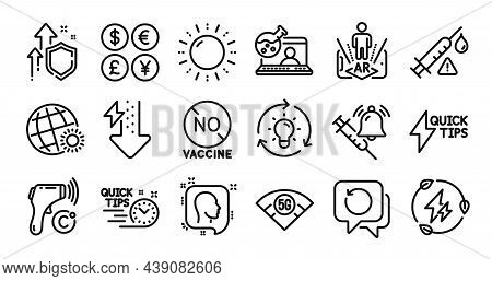 Electronic Thermometer, Augmented Reality And Quick Tips Line Icons Set. Secure Shield And Money Cur