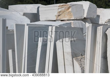 Industrial Cut White Marble Slabs And Blocks From Quarry On Stockyard