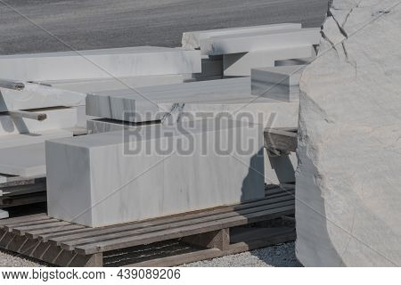 Industrial Cut White Marble Slabs And Blocks Next Natural Marble From Quarry On Stockyard