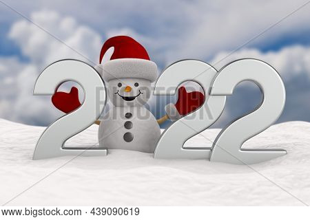 2022 new year. Snowman into snowdrift. 3D illustration