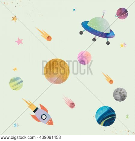 Colorful galaxy pattern background illustration in cute watercolor style