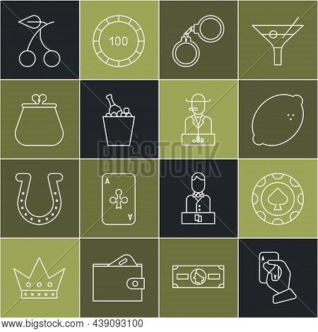 Set Line Hand Holding Playing Cards, Casino Chips, Slot Machine With Lemon, Handcuffs, Champagne Ice