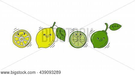 Lemon And Lime Fruit With Smile On White Background. Whole Citrus Fetus And Its Half. Cartoon Sketch