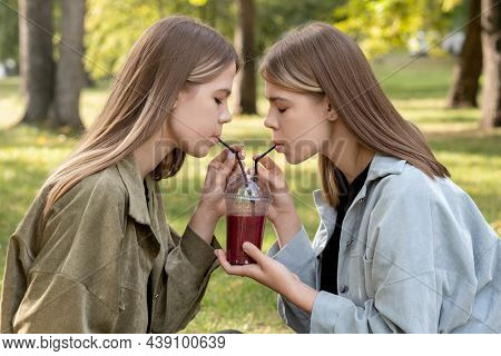 Side view of twin girls in casualwear sharing big glass of fresh fruit smoothie while spending summer day in park