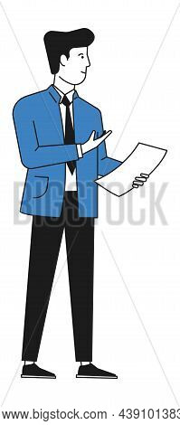 Business Man With Paper Sheet. Man Reading Aloud Document