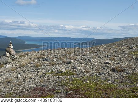 View On Tjaktjajaure Lake, Valley From Kungsleden Hiking Trail In Sarek National Park, Sweden Laplan