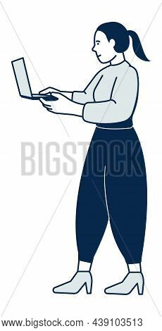 Girl Holding Laptor. Standing Young Woman Working