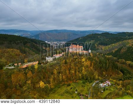 Castle Pernstejn in Czech Republic - aerial view - travel and architecture background