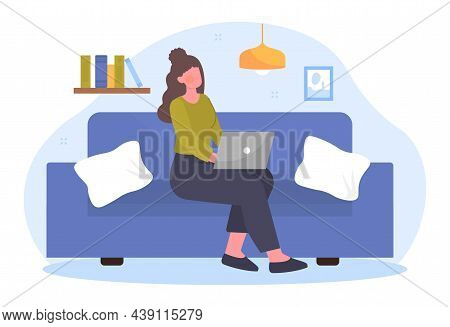 Work At Home. Freelancer, Girl Sitting On Couch With Laptop On Her Lap. Programmer, Designer, Remote