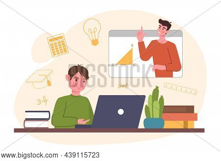 Concept Of Online Lessons. Boy Sits At Laptop And Listens To Teacher. Character Doing Homework, Geom