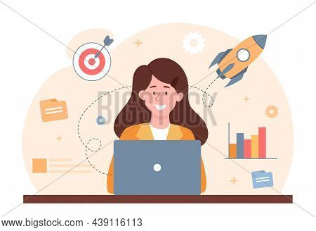 Concept Of Startup. Character Works At Laptop. Modern Technologies, Telecommuting, . Businesswomen D