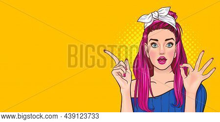 Pretty Woman With Finger Point And Okay Gesture Pop Art Comic Style