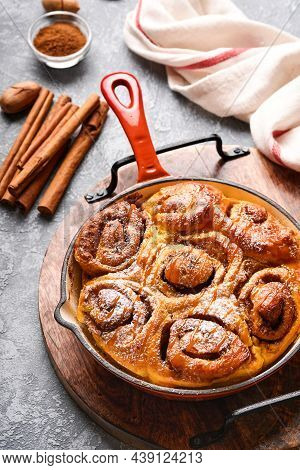 Cinnabon Cinnamon Rolls Buns With Pumpkin, Nut, Caramel And Sugar Cream Iced. Top View. Sweet Homema