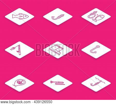 Set Line Fish, Fishing Hook, Rod And Fish, Boots, Location Fishing And Line With Float Icon. Vector