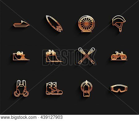 Set Line Parachute, Boots, Jet Ski, Aqualung, Ski Goggles, Bicycle On Street Ramp, And Crossed Paddl