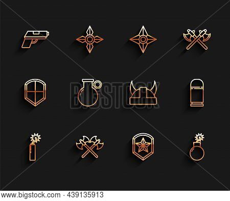 Set Line Dynamite Bomb Stick Clock, Crossed Medieval Axes, Pistol Or Gun, Police Badge, Bomb Ready E