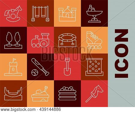 Set Line Toy Horse, Climbing Wall, Roller Skate, Sand Castle, Train, Forest, Horse Saddle Swing And 
