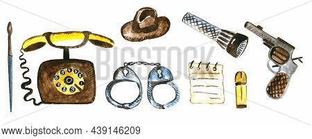 Watercolor Set Of Objects Detective Investigator Detective Criminal Investigation