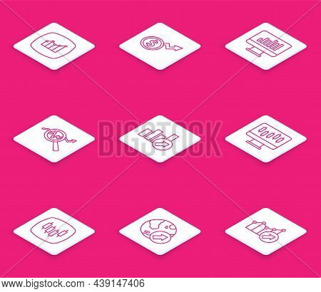 Set Line Financial Growth, Dollar, Monitor With Graph Chart, Search Data Analysis, Stocks Market Gra