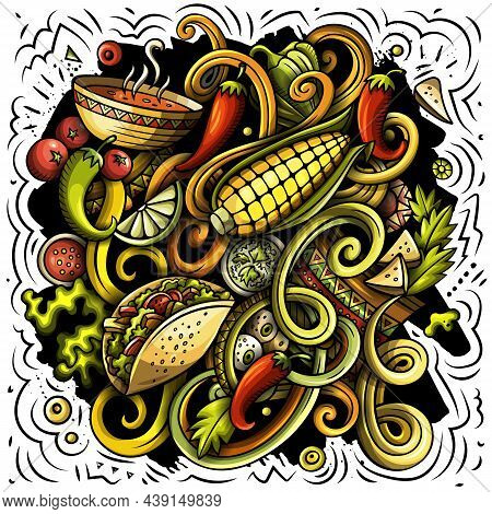 Mexican Food Hand Drawn Vector Doodles Illustration. Cuisine Poster Design. Mexica Menu Elements And
