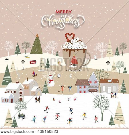 Winter Wonderland Lanscape In The Town With Hot Schocolate Mug Decoations,kids And Polar Bear Playin