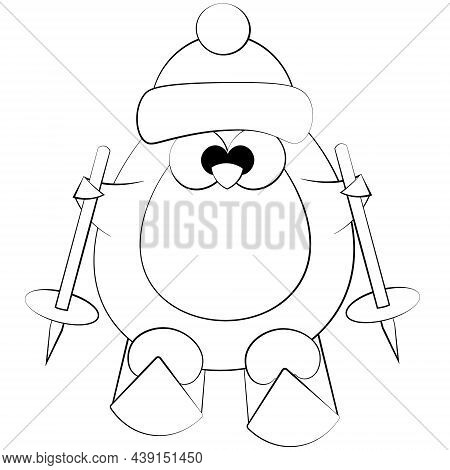 Cute Cartoon Penguin By Ski. Draw Illustration In Black And White